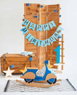 View of birthday decoration against white background
