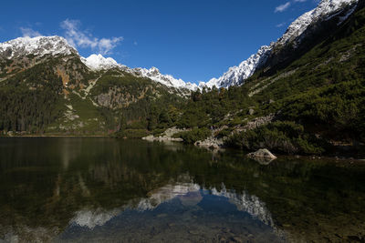 Scenic view of lake by snowcapped mountain