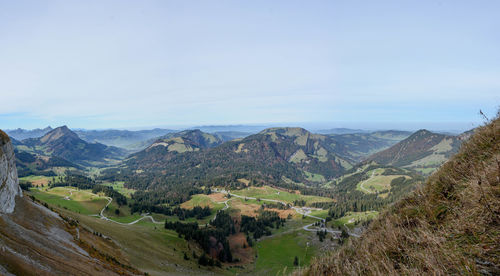 Scenic view of landscape and mountains against sky