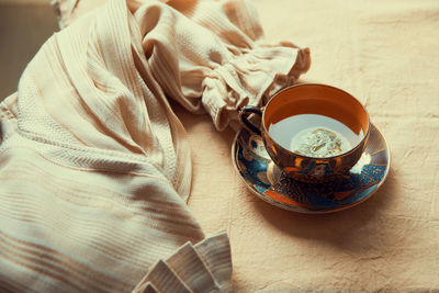 High angle view of tea cup