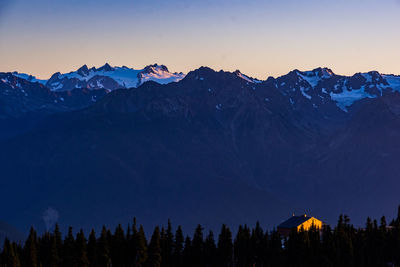 Scenic view of snowcapped mountains against clear sky