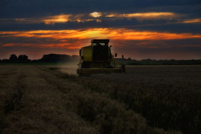 Scenic view of agricultural field against sky during sunset