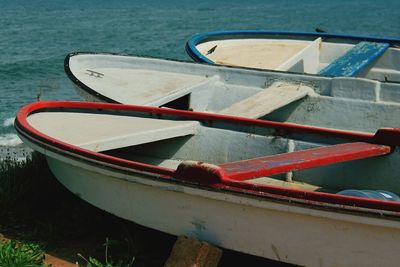 High angle view of boat moored in lake