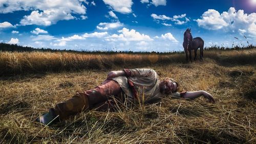 Panoramic view of horse on field against sky