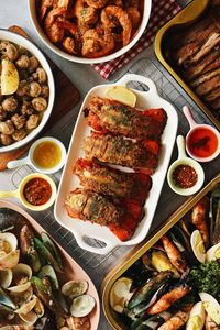 High angle view of meal served on table