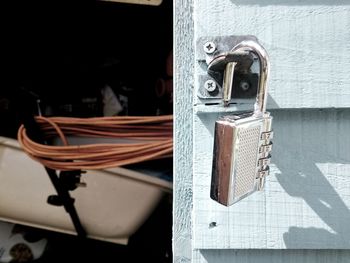 Close-up of combination lock on door during sunny day