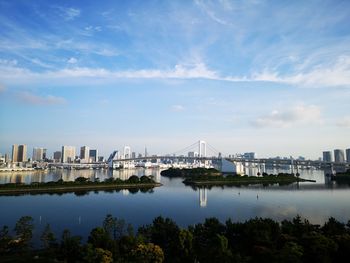 Bridge over river against sky in city