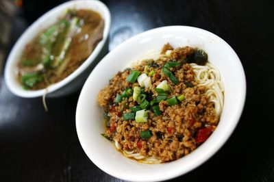 High angle view of meal served on table