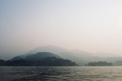 Scenic view of lake against clear sky during sunset