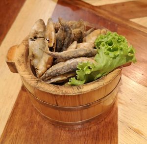 High angle view of food in container on table
