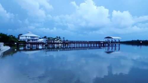 Scenic view of lake by building against sky