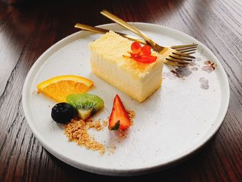 High angle view of dessert in plate on table