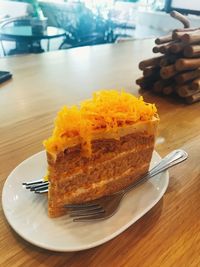 Close-up of cake in plate on table