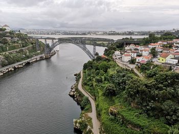 High angle view of bridge over river in city against sky