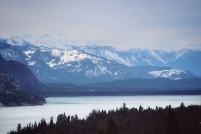 Scenic view of lake and mountains against sky