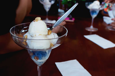 Close-up of ice cream on table