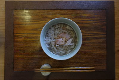 Directly above shot of soup in bowl on table