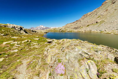 Scenic view of mountains against clear blue sky