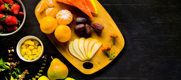 High angle view of fruits in bowl on table