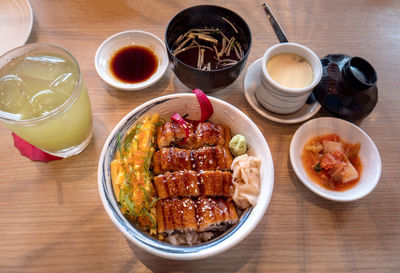 High angle view of food served on table