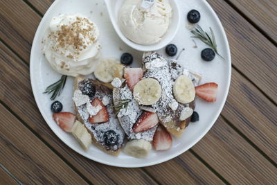 High angle view of food in plate on table