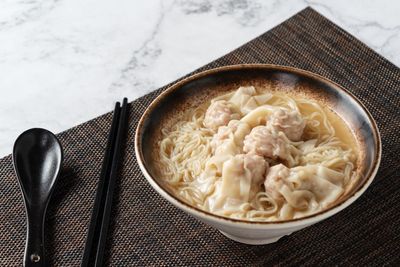 High angle view of soup in bowl on table