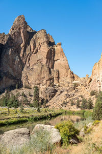 Scenic view of rocky mountains against clear blue sky