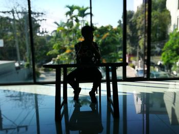 Rear view of man sitting on bench