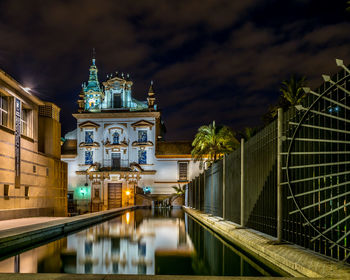 Illuminated temple against sky at night