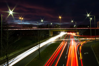 Light trails on road at night