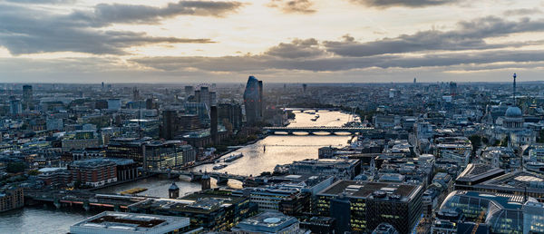 High angle view of cityscape against sky during sunset