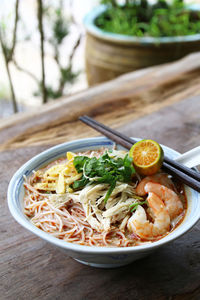 High angle view of noodles in bowl on table