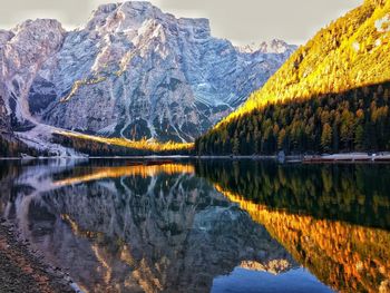 Scenic view of lake by snowcapped mountains