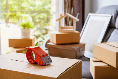 Close-up of box on table at home