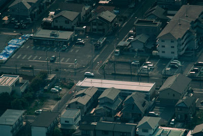 High angle view of street amidst buildings in city