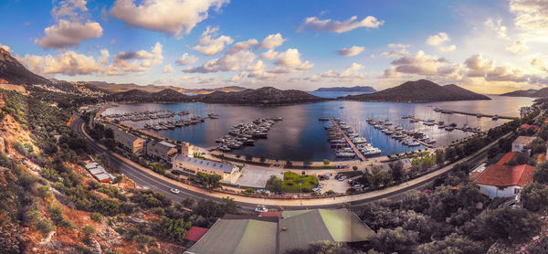 High angle view of bay against sky