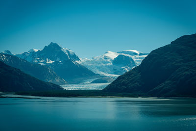 Scenic view of lake and snowcapped mountains against sky