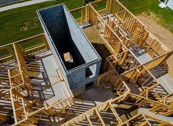 High angle view of construction site by building