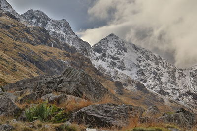 Scenic view of snowcapped mountains against sky