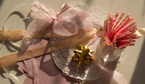 Close-up of paper decoration on table