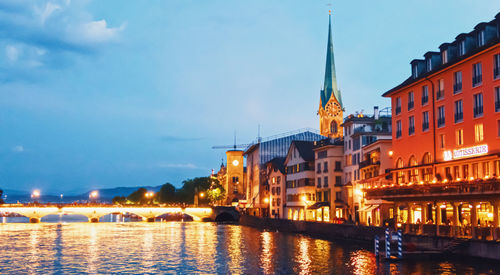 Illuminated buildings in city