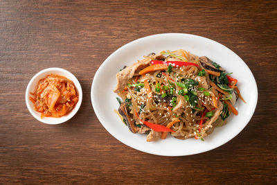 High angle view of food in plate on table