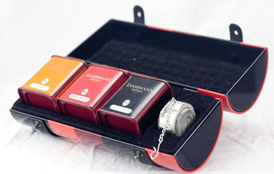 Close-up of camera on table