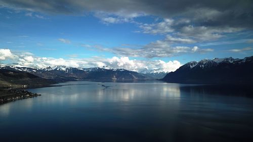 Scenic view of river by mountains against sky