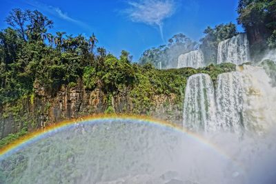 Scenic view of rainbow over trees against sky