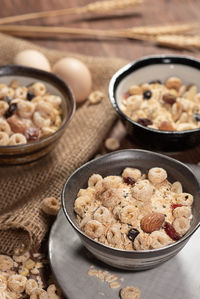 High angle view of breakfast served on table