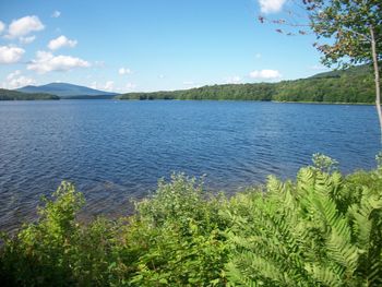 Scenic view of lake against blue sky