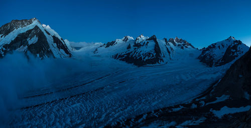 Scenic view of snowcapped mountains against clear blue sky