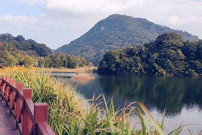 Scenic view of lake and mountains against sky