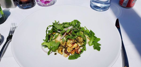 High angle view of meal served on table